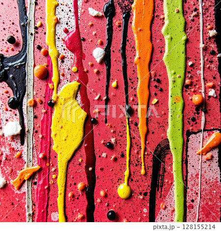 Vivid abstract painting with chaotic patterns and bold color contrasts. 128155214