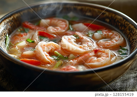 Steaming Bowl of Spicy Shrimp Soup A Close-Up Culinary Image. 128155419