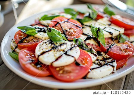 Fresh Caprese Salad with Balsamic Glaze A Close-Up of Sliced Tomatoes and Mozzarella. 128155420