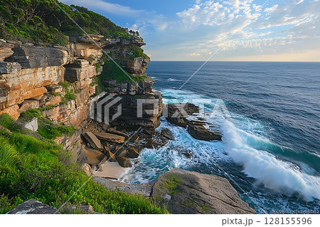 Dramatic Coastal Cliffs with Ocean Waves Crashing Against Rugged Rocks. Dramatic Coastal Cliffs with Ocean Waves Crashing Against Rugged Rocks. 128155596