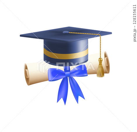 3d diploma scroll with graduate hat. Vintage roll paper 3d diploma scroll with graduate hat. Vintage roll paper 128155611