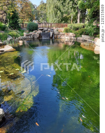 A picturesque pond with a small waterfall cascading over rocks, surrounded by lush greenery and trees, reflecting the serene beauty under a clear sky A picturesque pond with a small waterfall cascading over rocks, surrounded by lush greenery and trees, reflecting the serene beauty under a clear sky 128155689
