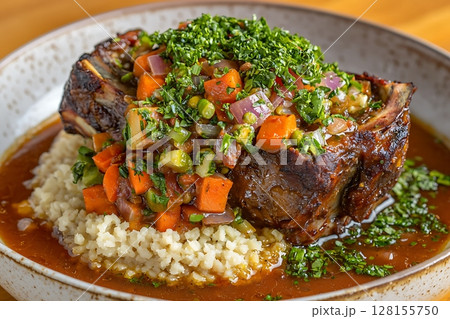 Braised Lamb Shank with Herb-Roasted Vegetables and Risotto. A close-up shot of a delicious lamb shank dish served over creamy risotto. 128155750