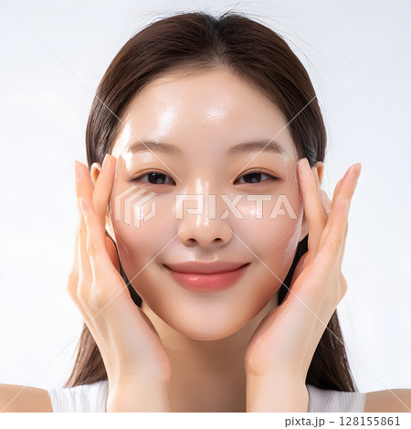 スキンケア中の笑顔の女性、つや肌を強調する美容ポートレート スキンケア中の笑顔の女性、つや肌を強調する美容ポートレート 128155861