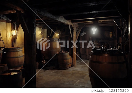 Old Wooden Barrels in a dimly lit Cellar. Old Wooden Barrels in a dimly lit Cellar. 128155890