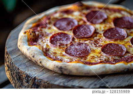 Delicious Pepperoni Pizza on Rustic Wooden Board. Delicious Pepperoni Pizza on Rustic Wooden Board. 128155989