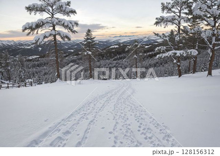 雪に覆われた冬の朝のゲレンデ 128156312