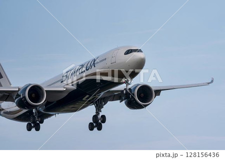 夕暮れの仙台空港　着陸中の飛行機　宮城県名取市 128156436