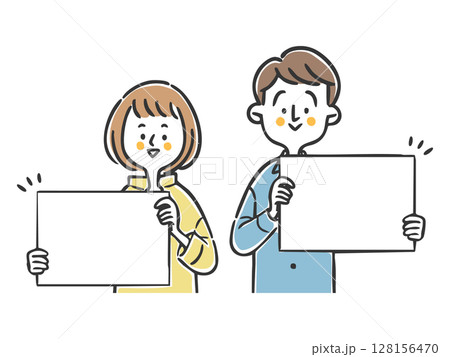 ボードを持つ若い夫婦　上半身　ベクター 128156470