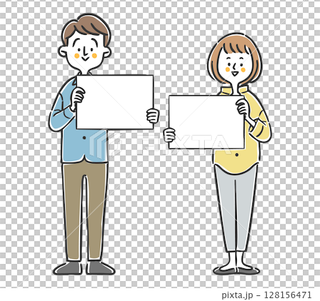 Young men and women holding boards, full body vector 128156471