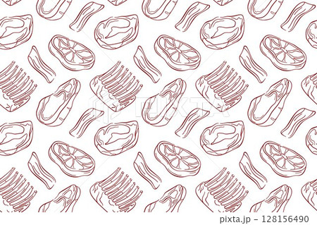 Seamless pattern of line art style steak, bacon, ribs and meat cut on white background. Perfect for butcher packaging, kitchen decor, food menu, grill restaurant or barbecue design. 128156490