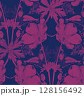 Wild flowers seamless pattern on dark background pink on blue fuchsia silhouette vintage contour cutout figure outline a shadow 128156492