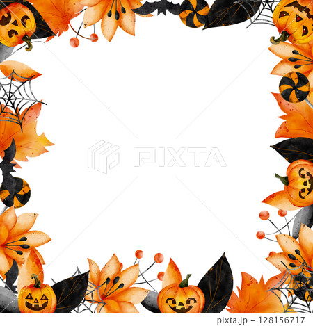 Square frame with pumpkins, black and orange abstract flowers, lollipops, with space for text in the center. White background. hand drawn, watercolor style, Halloween theme. Square frame with pumpkins, black and orange abstract flowers, lollipops, with space for text in the center. White background. hand drawn, watercolor style, Halloween theme. 128156717