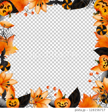 Square frame with pumpkins, black and orange abstract flowers, lollipops, with space for text in the center. White background. hand drawn, watercolor style, Halloween theme. Square frame with pumpkins, black and orange abstract flowers, lollipops, with space for text in the center. White background. hand drawn, watercolor style, Halloween theme. 128156717