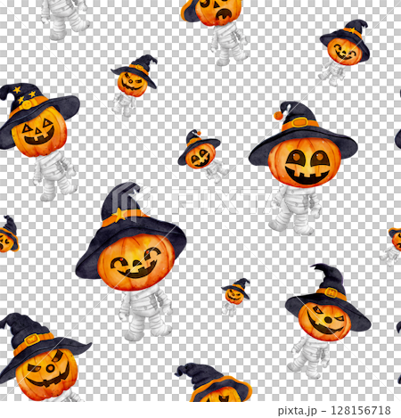 Playful Halloween seamless pattern featuring a smiling zombie pumpkin wearing a witch hat, painted in cheerful watercolor style. Perfect for kids, party decorations, wrapping and festive designs Playful Halloween seamless pattern featuring a smiling zombie pumpkin wearing a witch hat, painted in cheerful watercolor style. Perfect for kids, party decorations, wrapping and festive designs 128156718