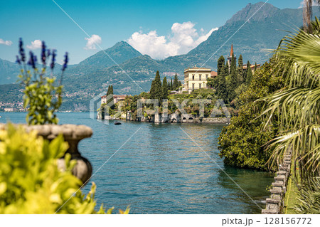 Lush Botanical Garden of Villa Monastero Overlooking Lake Como: Elegant Historic Estate Surrounded by Mediterranean Flora and Alpine Scenery 128156772