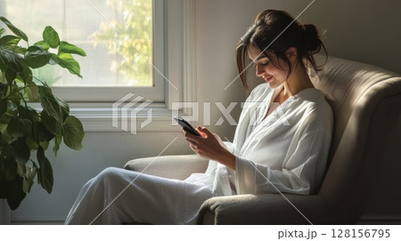 Woman Relaxing at Home with Smartphone 128156795