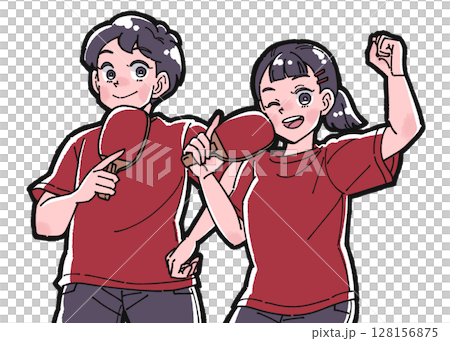 男孩和女孩打乒乓球的插圖 男孩和女孩打乒乓球的插圖 128156875