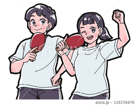 卓球をする男の子と女の子のイラスト 卓球をする男の子と女の子のイラスト 128156876