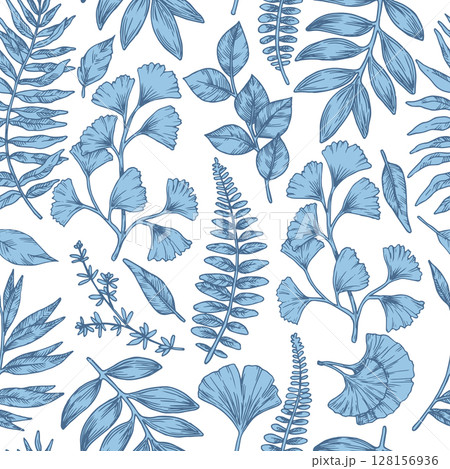 Seamless pattern of tropical blue forest leaves. Vector illustration in sketch style. ginkgo, fern 128156936