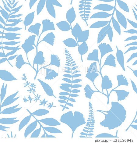 Seamless pattern of tropical blue forest leaves. Vector illustration. Silhouette of ginkgo, fern 128156948