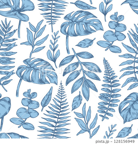 Seamless pattern of tropical blue forest leaves. Vector illustration in sketch style. monstera, fern, eucalyptus 128156949