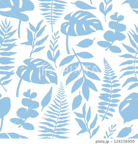Seamless pattern of tropical blue forest leaves. Vector illustration. Silhouette of monstera, fern, eucalyptus 128156950