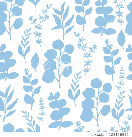Seamless pattern of tropical blue forest eucalyptus leaves. Vector illustration of tropical leaves silhouettes. 128156952
