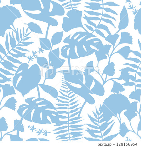 Seamless pattern of tropical blue forest leaves. Vector illustration. Silhouette of monstera, fern, eucalyptus 128156954