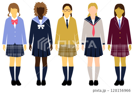 いろんな国の女子学生たち制服正面全身アイコンセット5人_表情無 128156966