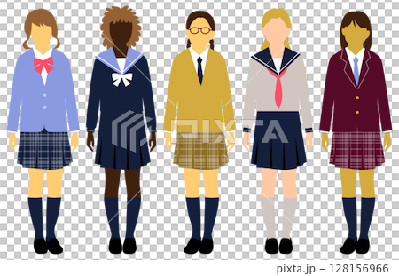 いろんな国の女子学生たち制服正面全身アイコンセット5人_表情無 128156966