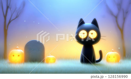 Halloween black cat. Stylized 3D illustration of black cat with glowing eyes sitting near gravestone, surrounded by pumpkins and mist 128156990