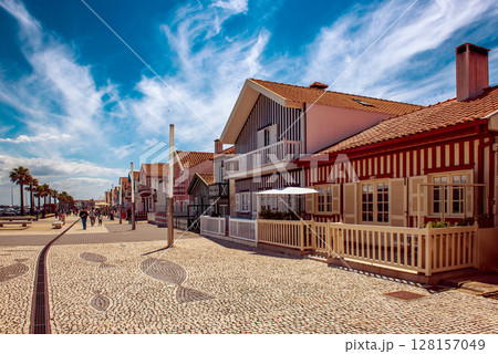 Costa Nova, Aveiro, Portugal: colorful striped houses called Palheiros at street 128157049