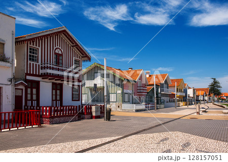 Costa Nova, Aveiro, Portugal: colorful striped houses called Palheiros at street 128157051