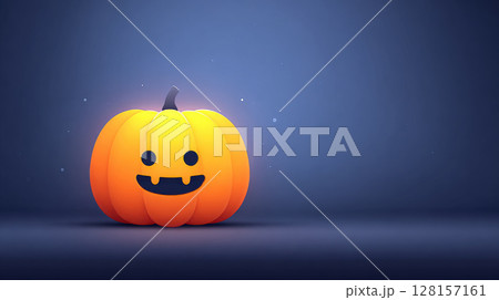 Halloween carving idea. Cute, glowing pumpkin with smiling face sits against dark blue background, creating playful Halloween atmosphere 128157161
