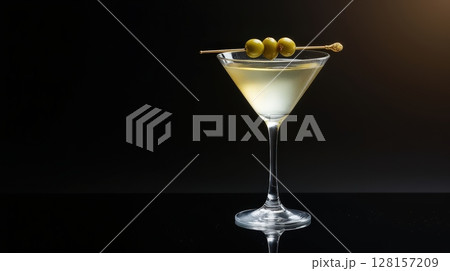 Classic martini served in a sleek glass with green olives garnish 128157209