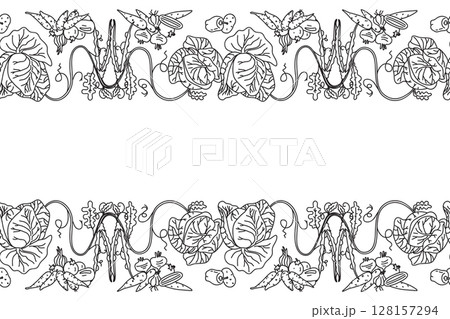Line art botanical decorative different vegetables horizontal border seamless pattern isolated on white background. Hand drawn outline veggies with Cabbage Carrot Peas Pepper Onion vector design Card 128157294