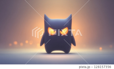 Halloween costume. Cute, glowing cartoon monster with angry expression stands in soft, misty environment Halloween costume. Cute, glowing cartoon monster with angry expression stands in soft, misty environment 128157356