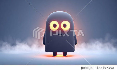 Halloween costume. Cute, glowing eyed cartoon ghost stands on misty surface, creating whimsical and mysterious atmosphere Halloween costume. Cute, glowing eyed cartoon ghost stands on misty surface, creating whimsical and mysterious atmosphere 128157358