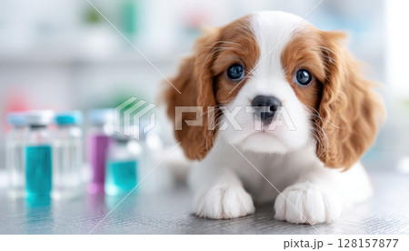 Cute pet puppy with big eyes lies on table in veterinary scene with vaccination vials blurred in background creating caring and hopeful atmosphere 128157877
