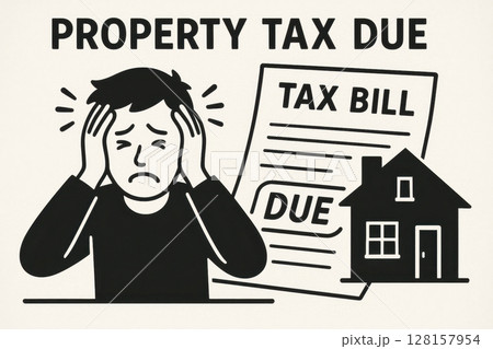 Stressed person holds their head in worry over property tax bill due, with house icon symbolizing real estate financial burden 128157954