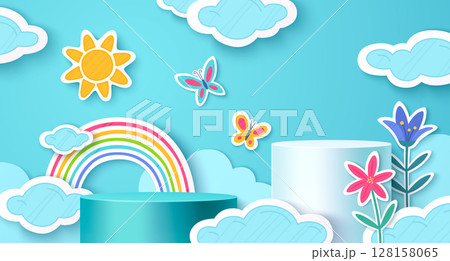 Paper cut rainbow scene with blue sky 128158065