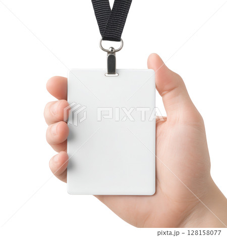 Blank badge held by hand with black lanyard, empty identification card, white plastic ID tag, isolated transparency background, close up of fingers gripping badge, vertical rectangular pass Blank badge held by hand with black lanyard, empty identification card, white plastic ID tag, isolated transparency background, close up of fingers gripping badge, vertical rectangular pass 128158077