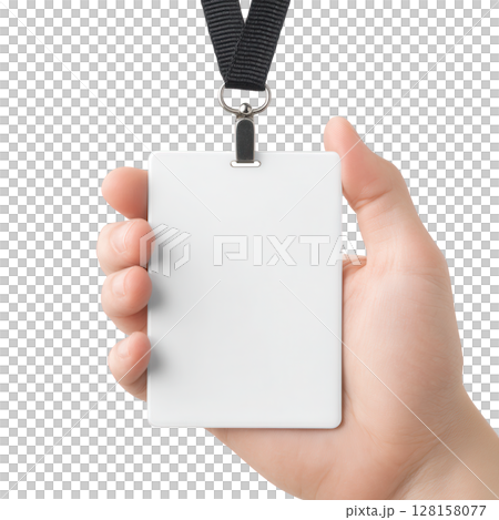 Blank badge held by hand with black lanyard, empty identification card, white plastic ID tag, isolated transparency background, close up of fingers gripping badge, vertical rectangular pass Blank badge held by hand with black lanyard, empty identification card, white plastic ID tag, isolated transparency background, close up of fingers gripping badge, vertical rectangular pass 128158077