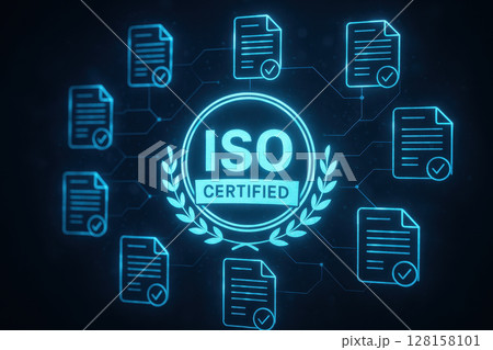 ISO certificate icon glowing in digital technology background representing international standard for corporate organisation success and marketing concept in computer business 128158101