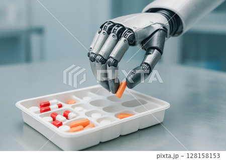 Medical robot with ai technology carefully picks up pill from healthcare medication tray showing advanced automation in medical treatment and pharmaceutical care 128158153