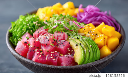 Colorful poke bowl with fresh tuna, sliced avocado, mango cubes, purple cabbage, and green seaweed salad, garnished with sesame seeds and herbs, offering vibrant and healthy meal 128158226