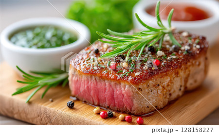 Gourmet medium rare steak seasoned with peppercorns and fresh rosemary on rustic wooden board, accompanied by green and red dipping sauces, creating delicious meal 128158227