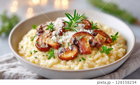 Creamy risotto topped with sauteed mushroom slices, fresh herbs, and grated cheese served in white bowl on cloth, evoking warm and comforting meal 128158234