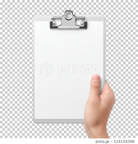 Hand holding clipboard with blank white paper office supply metal clip isolated on transparency background clean sheet document holder stationary item writing board empty page single hand 128158306